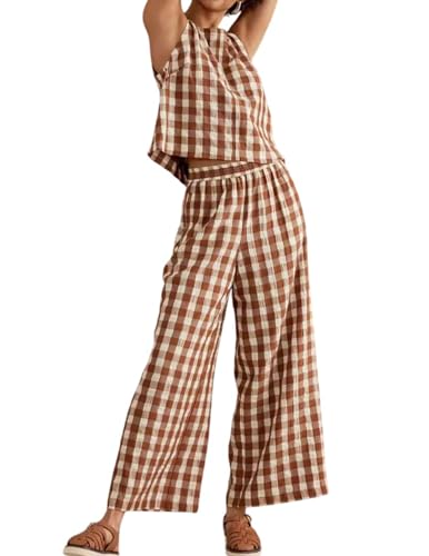 Womens 2 Piece Outfits Gingham Set Summer Cotton Plaid Pajamas Y2k Sleeveless Top Summer Wide Leg Pants Matching