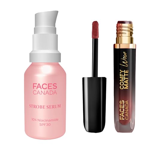 Image of FACES CANADA Skin & Lip Duo 2 - Comfy Matte Wow Liquid Lipstick - Cocoa Crush 07, 3.8ml + Strobe Serum Mini, 15ml with SPF 30 Sunscreen | Highly Pigmented | Removes Dark Spots & Hyperpigmentation | Long Lasting | Instant Glow