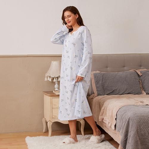 Keyocean Cotton Nightgowns for Women, Soft Comfy Long Sleeve Sleepwear House Dress for Sleeping Lounging2
