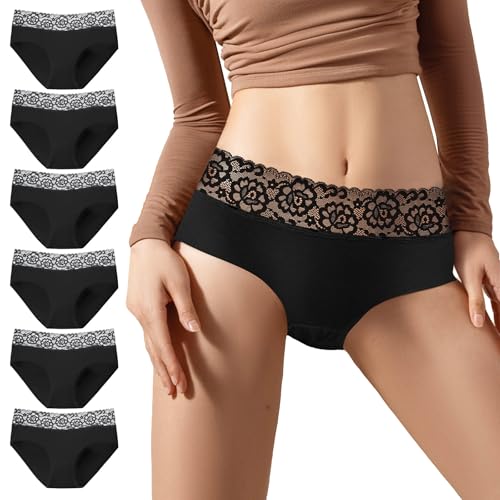 EKSHER Bragas Mujer Algodon Pack de 6 Ropa Interior Mujer Culotte Sexy Encaje Braguitas Cintura Midi Blanco 2XL