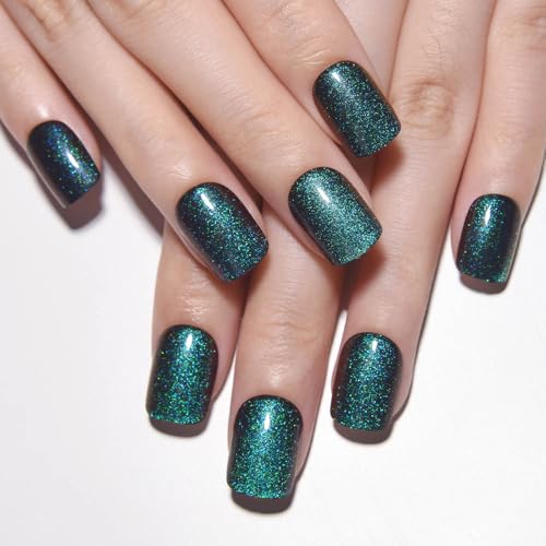 evpct Sapphire Teal Blue Cat Eye Extra Short Press on Nails Square, Petite Short Square Stick on Nails for Women Gift, Glossy Holographic Fake Nails Reusable Gel Press on Acrylic Fake Nail with Design