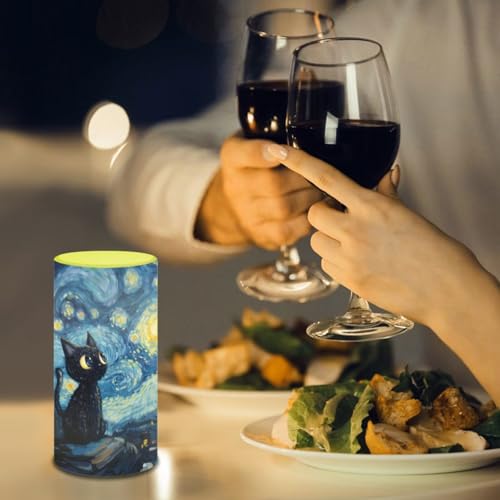 Image of Poceacles Black Cat Starry Night Flameless LED Candle Battery Powered Votive Lights Realistic Pillar Candle Decorative Tea Lights for Home Party Indoor Outdoor Decor