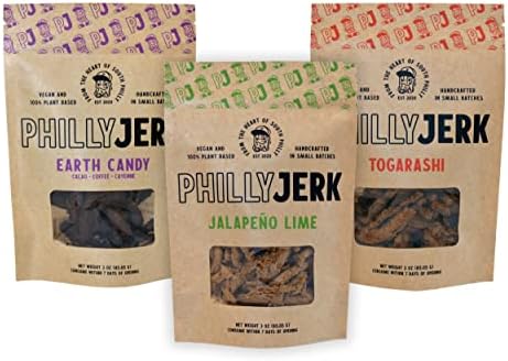 Philly Jerk 100% Plant Based Vegan Jerky | Gluten Free | All Natural Ingredients | Handcrafted Small Batches in USA | 3oz (3 Pack) (Variety)