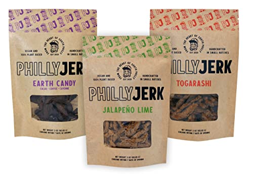 Philly Jerk 100% Plant Based Vegan Jerky | Gluten Free | All Natural Ingredients | Handcrafted Small Batches In Usa | 3Oz (3 Pack) (Variety) #TOP21