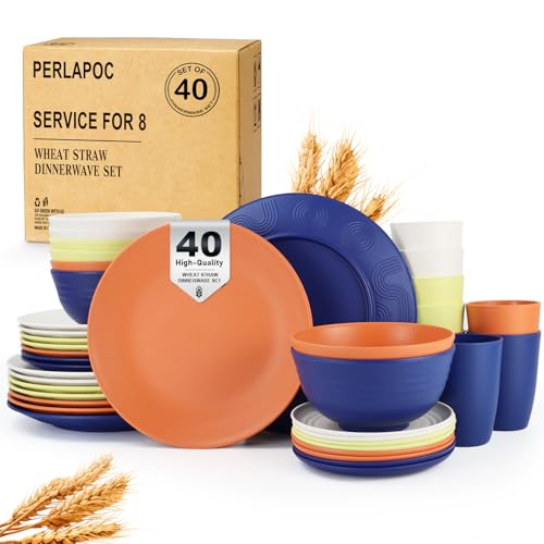 Perlapoc Wheat Straw Dinnerware Sets 40 PCS - Dishes Set for 8 Unbreakable Plates and Bowls Sets with Cups Dishwasher & Microwave Safe Lightweight Dinnerware for Kitchen Camping RV - Mondrian Colors