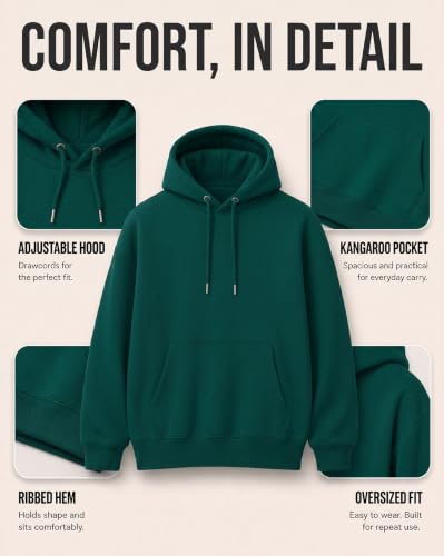 Image of NOBERO Oversized Solid Hooded Sweatshirt for Men | Oversized Hoodie for Men | Hooded Pullover | Cotton Rich Printed Hoodie 280 GSM Fleece