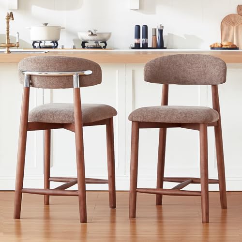 Image of Solid Wood Bar Stools Set of 2,25'' Coffee-Colored Counter Height Bar Stools，Made Solid Wood and Fabric, Ideal for Kitchen Islands and Home Bars