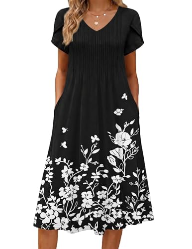 Zeagoo Cotton A Line Dress for Women Swing Dress for Women Casual A Line Dresses Womens Floral Midi Dress Loose Fit Flattering Dresses Black S