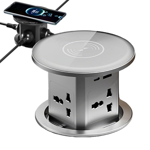 WuXQuuzlh Enchufe Empotrable Mesa - 90-260V, Regleta Empotrable con Carga Inalámbrica 15W, 4 Enchufes EU, Torre Enchufes Vertical con USB-C/USB-A para Cocina Oficina Hogar Grey