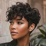 MOONSHOW Brown Pixie Cut Wig Short Curly Wigs for Black Women Dark Brown Haitcut Wigs Synthetic Pixie Cut Wig with Bangs Natural Wavy Short Layered Pixie Wigs for African American Women(Brown)
