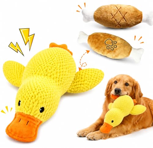 3 Stück anti stress ente für hunde Hundespielzeug Set Plüschtier Ente Fußabdruck Hähnchenkeule & Doppelkopf Hähnchenkeule Anti-Stress & Kaudauerhaft Ideal Für Hunde Zum Spielen Kauen & Entspannen