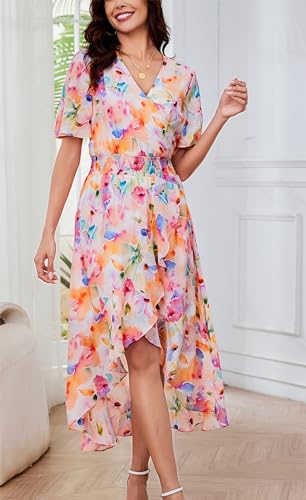 Image of Kormei Womens Short Sleeve Floral Maxi Dress High Low V-Neck Flowy Party Long Dresses