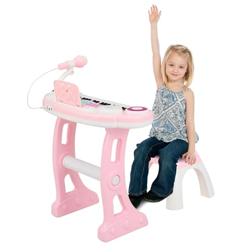 Maxmass 37 Keys Kids Piano Keyboard, Toddler Electric Piano with Stool, Microphone, Flashing Lights, Music Score, Record and Playback, Musical Instrument Electronic Keyboard for Boys Girls (Pink)