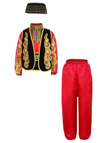 Vêtements arabes pour garçon : lot de 6 pièces avec gilet en satin rouge taille 128-134