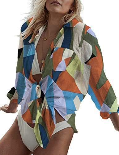 Bsubseach Women Long Sleeve Beach Shirt Blouses Turn Down Collar Bathing Suit Cover Ups