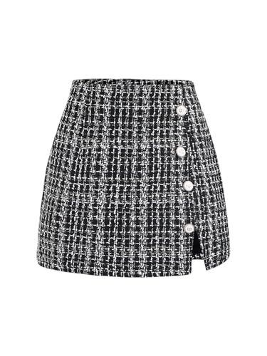 SweatyRocks Women's High Waist Split Button Elegant Tweed Short Skirt Plaid...