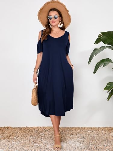 Image of LARACE Plus Size Women Dress for Summer, Midi Women's Sundress, Casual V-Neck Short Sleeve Flowy T-Shirt Dresses with Pockets