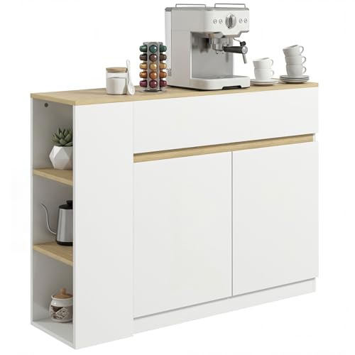 HOMCOM Aparador de Cocina, Armario de Cocina Estrech con 2 Cajones, 3 Estantes Abiertos, 2 Puertas, Estante Ajustable, Aparador Nórdico para Comedor, 110x29,5x82 cm, Blanco