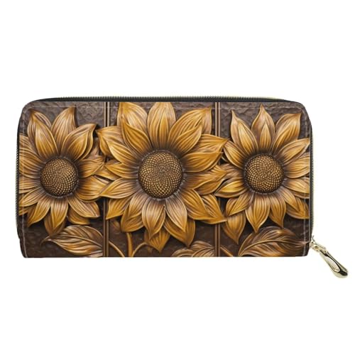 Retro Sunflower Women Soft Leather Purses Zipper Protable Travel Wallet Long Shopping Pouch, Portable Zippered Women Purse Wallet, Gift for Mom, Gold2