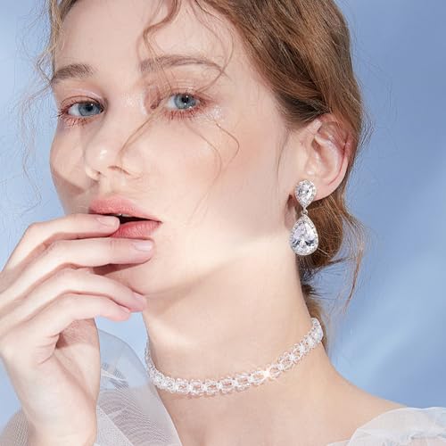Wedding Zircon Teardrop Clip On Earrings For Brides Women No Piercing Sparkly CZ Silver Dangle Earrings2