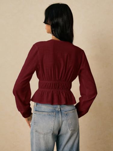 Image of Shasmi Women's Solid Deep V Neck Cotton Long Bishop Sleeve Drawstring Waist Ruffle Hem Peplum Top | Blouse | Casual Boho Cottagecore Shirt for Office, Vacation & Daily (Top 304)