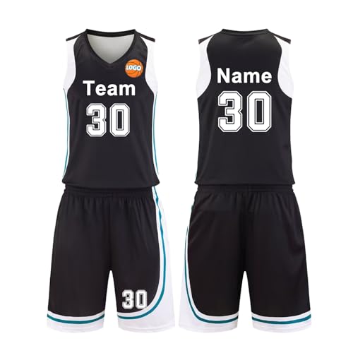2-Piece Basketball Jersey Vest and Shorts, Kids/Adult Custom Basketball Kit with your name number team logo(Black)
