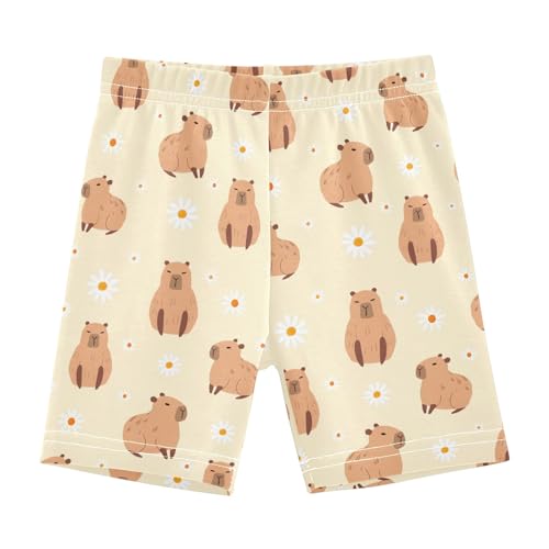 Capybara with Daisy Flowers Yellow Girls Shorts Elastic Waist Sports Shorts Girls Leggings Pants for 4-10 Years