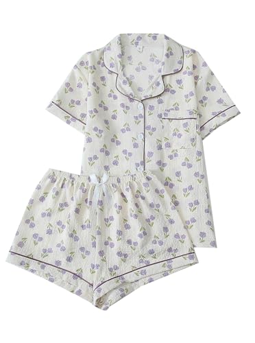Image of Remidoo Women's Silk Satin Pajama Set Striped Button Up Pjs Short Sleeve Loungewear
