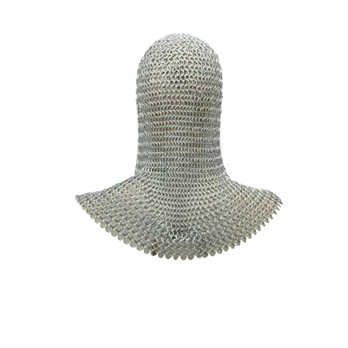 Image of AnNafi Chainmail Coif | Medieval Reenactment Armor Costume | U-Neck Aluminum Chain Mail Hood Armor Replica | Butted Rings Chain Mail Coif Silver | Wearable for Adult | Armour SCA LARP Replica