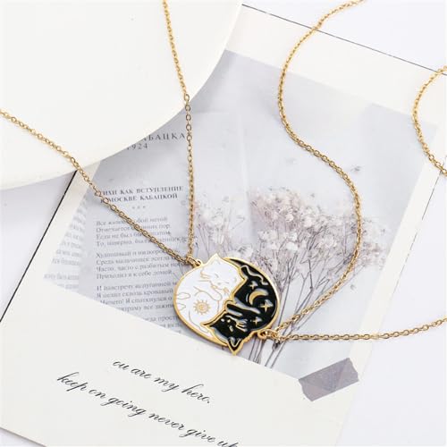 Image of Charm Stainless Steel Black White Cat Necklace 2Pcs Matching Couple Pendant BFF Jewelry Gift for Women