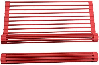 Home-organizer Tech 20.4" x 13" Solid Steel Roll-Up Dish Rack 18 Rolls Dish Drying Rack Silicone Over The Sink Folding Dish Drainer Rack Trivet and Cooling Rack (Red)