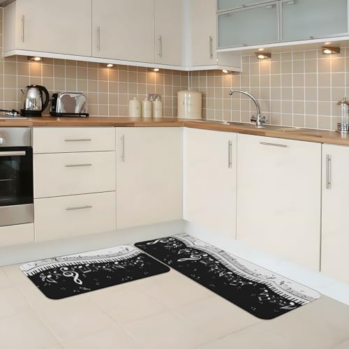 Juego de 2 alfombrillas de cocina negras y blancas con diseño de notas musicales 3