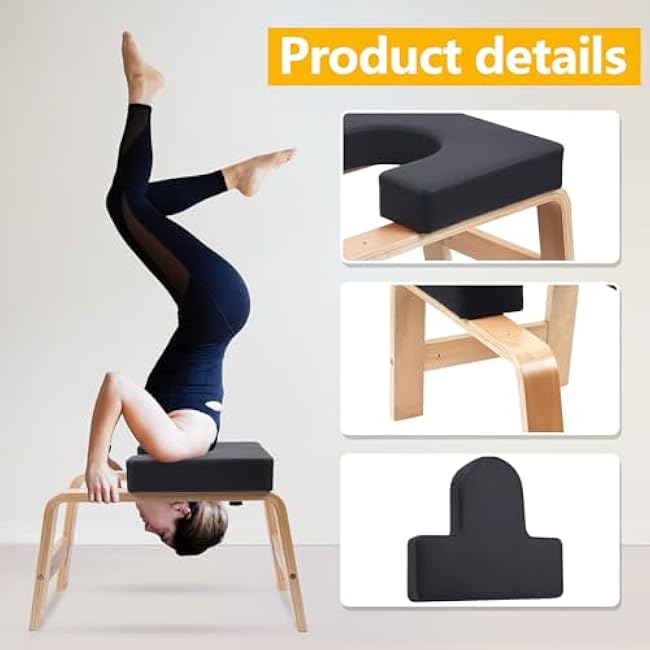Yoga Headstand Bench, Yoga Inversion Chair, Headstand Trainer with Wood Frame and Pu Pad,Stand Yoga Chair Stress Relief, Balance Training, Body Shaping, Load Capacity 300 Pounds