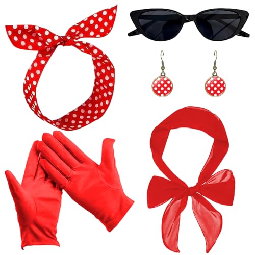 5 Stück Rockabilly Accessoires 50er Jahre, 50er Jahre Damen Kleid Zubehör, Schal, Sonnenbrille, Handschuhe, Polka Dots Stirnband, Ohrstecker, 1950s...