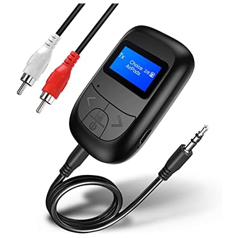 Bluetooth 5.0 Transmitter Receiver for TV - Tensun Visible 3.5mm Wireless Audio Adapter with LED Display Screen, Volume Control 2-in-1 Aux Stereo Low Latency Portable for Headphones/Speaker/PC/Car Cover