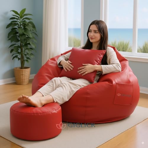 Image of 4XL Bean Bag Cover with Foot Stool & Cushion Cover | Premium PVC Leatherette | Double Stitched | 6 Months Warranty (Beans Required) Color- (RED)