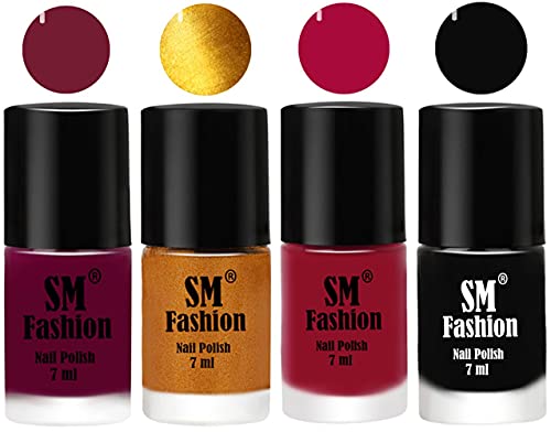 Image of Nail Polish Combo Set (Pack of 4) Quick Dry Gel Finish Nail Paint | Mulberry,Golden,Raspberry,Black | 7 ml Each