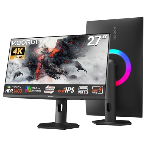 KOORUI Mini LED S2741LM Ecran PC Gamer 27 Pouces, 4K UHD 3840x2160 IPS Gaming Écran, Double Mode 4K 160 Hz/FHD 320 Hz, HDR 1400 Adaptive Sync, Type-C 90W USB 2X HDMI 2.1 DP 1.4, Réglable en Hauteur