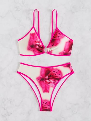Image of Fanuerg Women's Triangle Bikini Sets O Ring Linked Two Piece Swimsuits Floral Printed Cheeky Bathing Suit