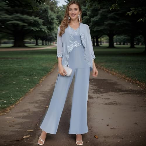 3 Pieces Chiffon Lace Mother of The Bride Pant Suits for Wedding Women's Sequin Applique Formal Evening Pant Sets with Jacket2