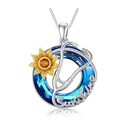 Shusukue Doctor Nurse Gift, Nurse Stethoscope Necklace Sterling Silver with Crystal You are My Sunshine Necklace, Paramedic Gift for Medical Student Nurses Women Cover