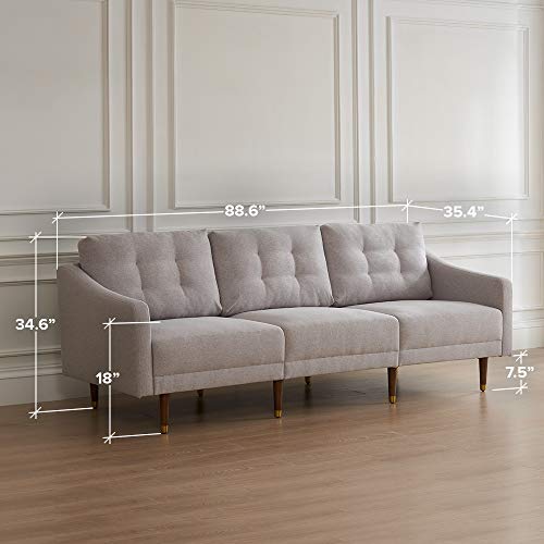 Mopio Savannah Mid-Century Modern Couch, Fabric Upholstered Sofa with Tufted Back and Tapered Gold Caps Legs, Light Gray