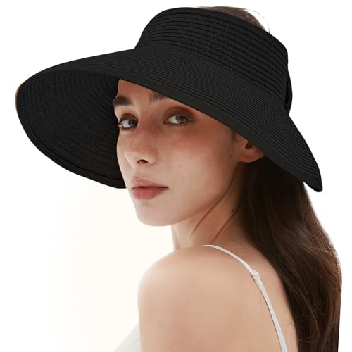 Women's Sun Visor Hats Wide Brim Straw Beach Hat Ponytail ...