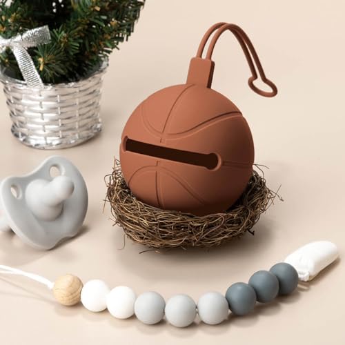 Image of Pacifier Holder Case | Basketball Pacifier Holder | Silicone Pacifier Container | Travel Pacifier Case Holder | Keep Pacifier Clean and Accessible | Food Grade Silicone | Made by Tushi (Brown)