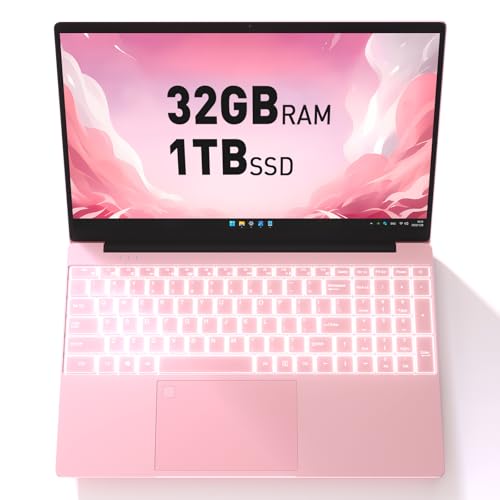 Auusda Business Laptop Computer for Work, Notebook PC for College Students, 15.6' FHD Display, 4-Core Processor, Backlit Keyboard, Fingerprint Sensor, Up to 10TB Storage, 32GB RAM, 1TB SSD, Pink
