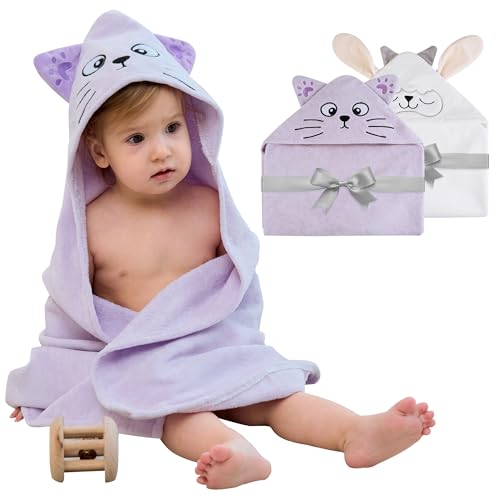 Image of Viviland 2 Pack Hooded Baby Towels, Soft 100% Cotton Baby Bath Towels with Hood, Extra Thick and Absorbent, Essential for Newborns, Kids, Infants - Girls and Boys (Sheep & Purple Cat)