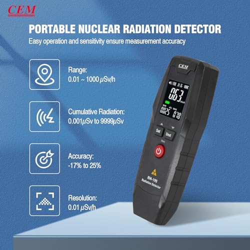 Image of CEM Geiger Counter Nuclear Radiation Detector Nuclear Water Seafood Detection Radiation Dosimeter with LCD Display, Portable Handheld Beta β Gamma γ X-ray Rechargeable Radiation Monitor Meter RM-190