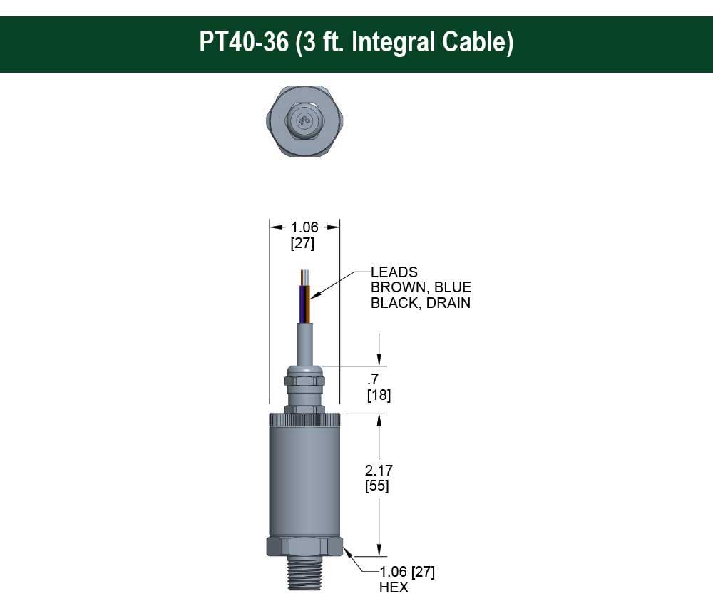 High Accuracy Fixed Range Pressure Transmitter, 0 to 5000 psi Gauge, ±0.125% of Span, Non-linearity BFSL, 0 Vdc to 5 Vdc, 3-Wire, 7/16-20 Male SAE J514 FIG 34B (Non-Adjustable), Integral Cable 3 ft