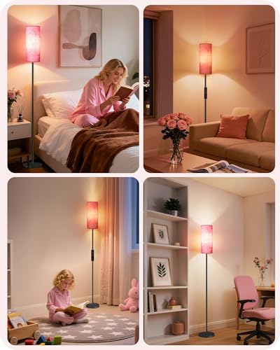 Image of Dimmable Floor Lamps for Living Room with Remote and Foot Switch, 64.4 inch Modern Standing Tall Lamp, Corner Lamp for Bedroom, Bulb Included, 3000K-6500K, FCC Listed, Sakura Pink and Black CP06LD05W1