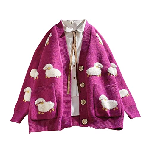 Image of FindThy Women's Kawaii Knitted Cardigan Long Sleeve Button Up Sheep Print Cute Sweater Cardigans